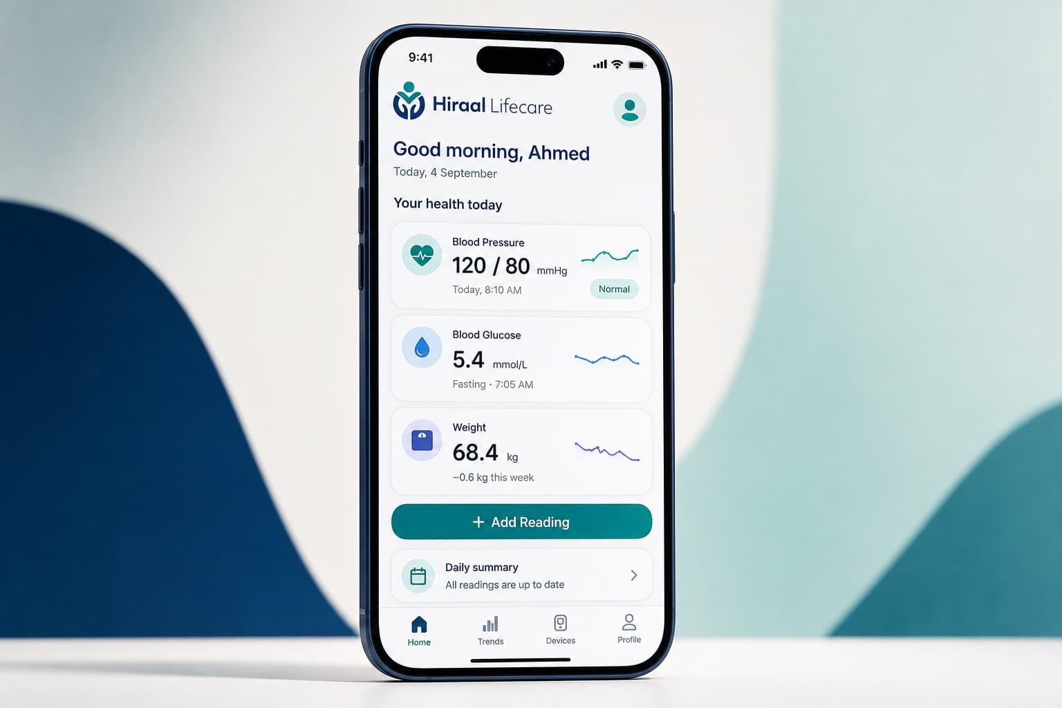 A phone showing the Hiraal Lifecare home screen, in front of a navy and teal backdrop.