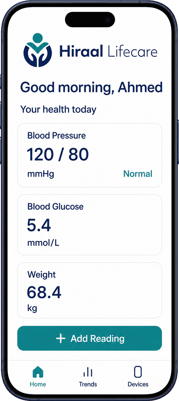 The Hiraal Lifecare home screen showing today's blood pressure, blood sugar and weight, and an Add Reading button.