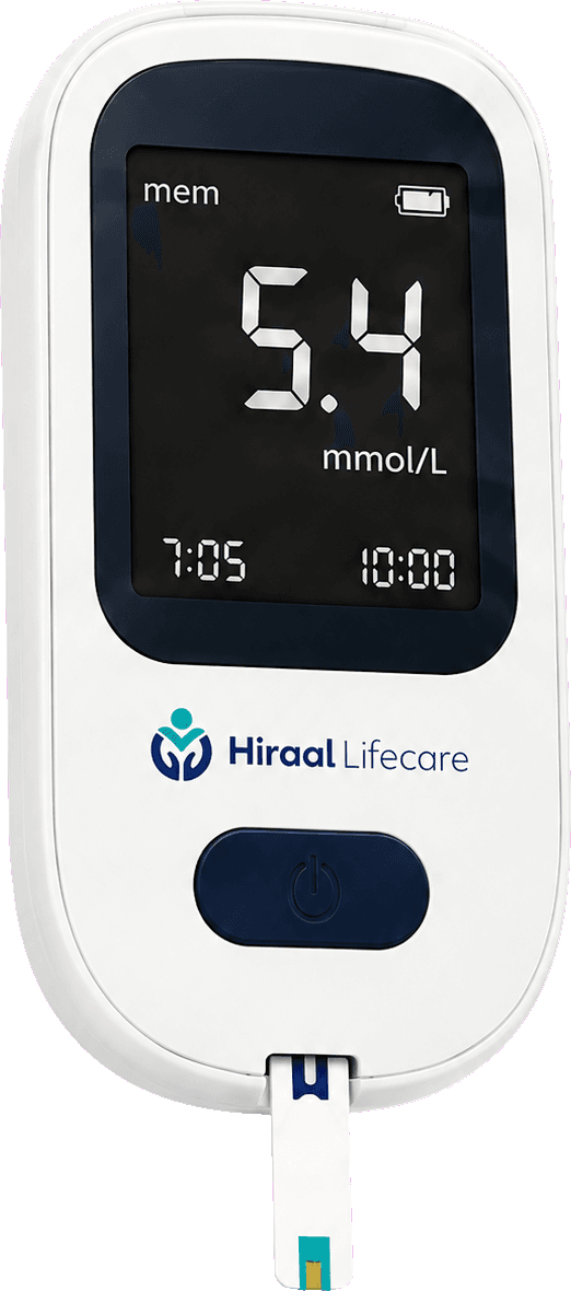 The Hiraal Lifecare blood glucose meter with a test strip in place.