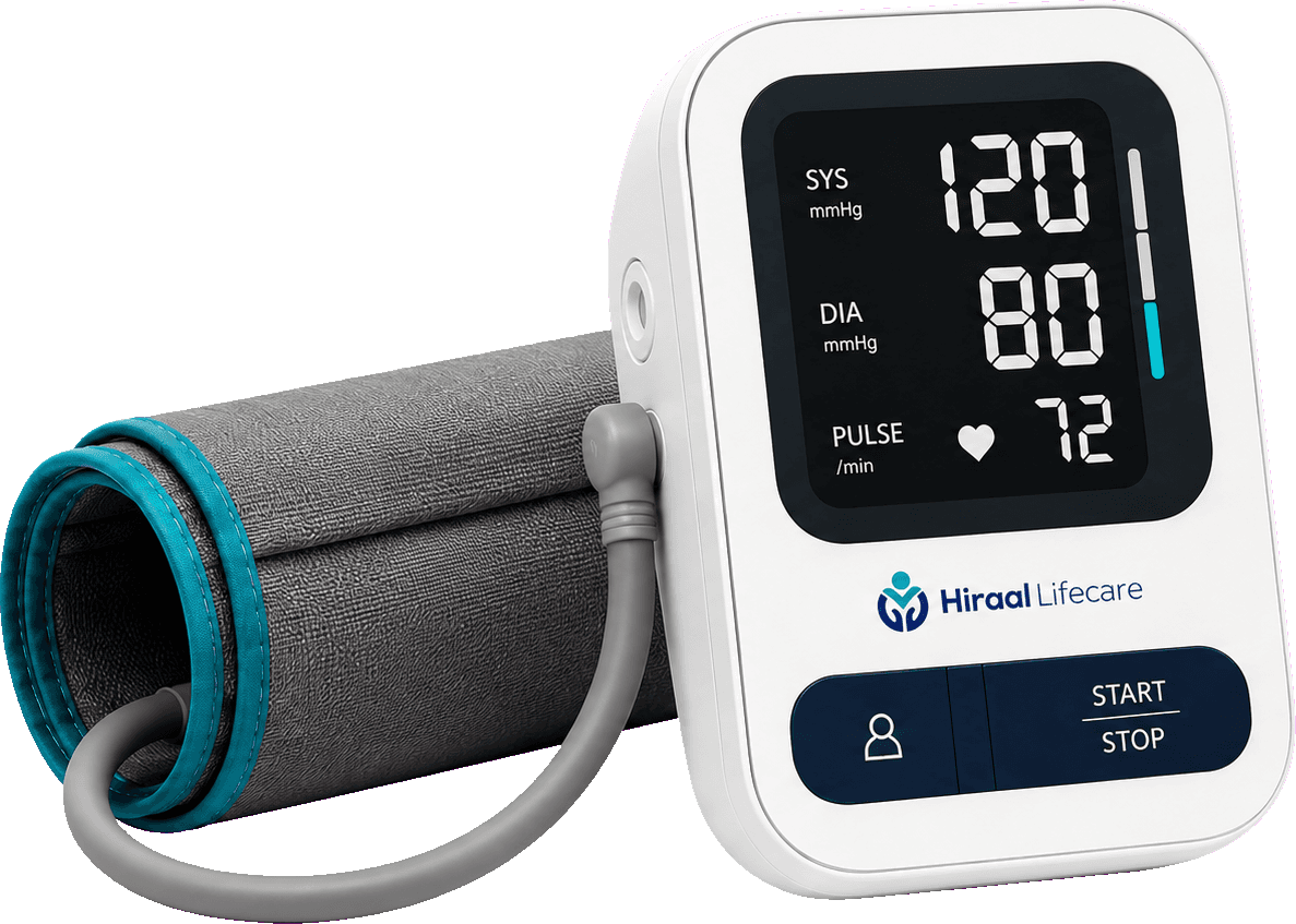 The Hiraal Lifecare blood pressure monitor and its upper-arm cuff.