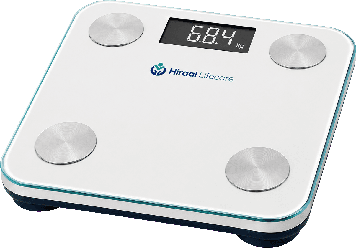 The Hiraal Lifecare smart scale, reading 68.4 kg.