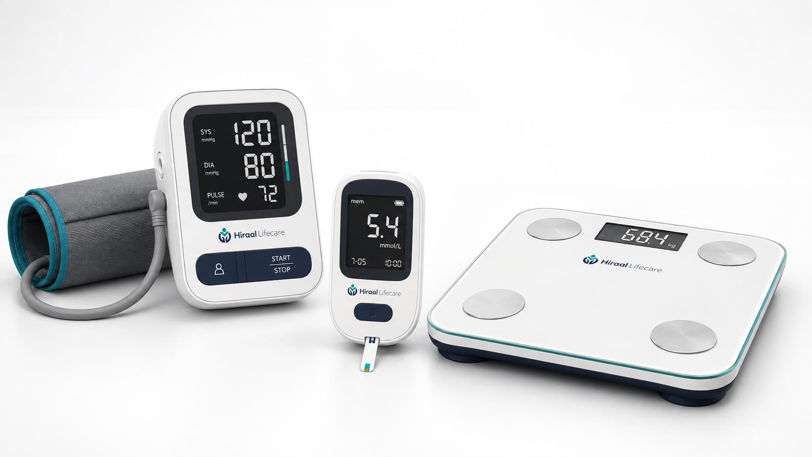 The Hiraal Lifecare blood pressure monitor, blood glucose meter and smart scale side by side.
