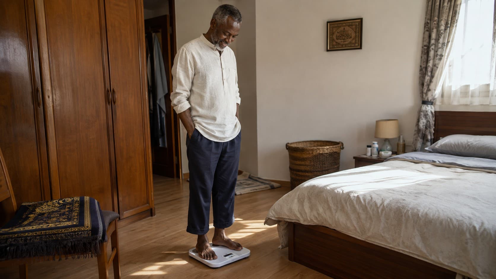 A Somali man weighing himself on the Hiraal Lifecare scale in his bedroom in the morning.