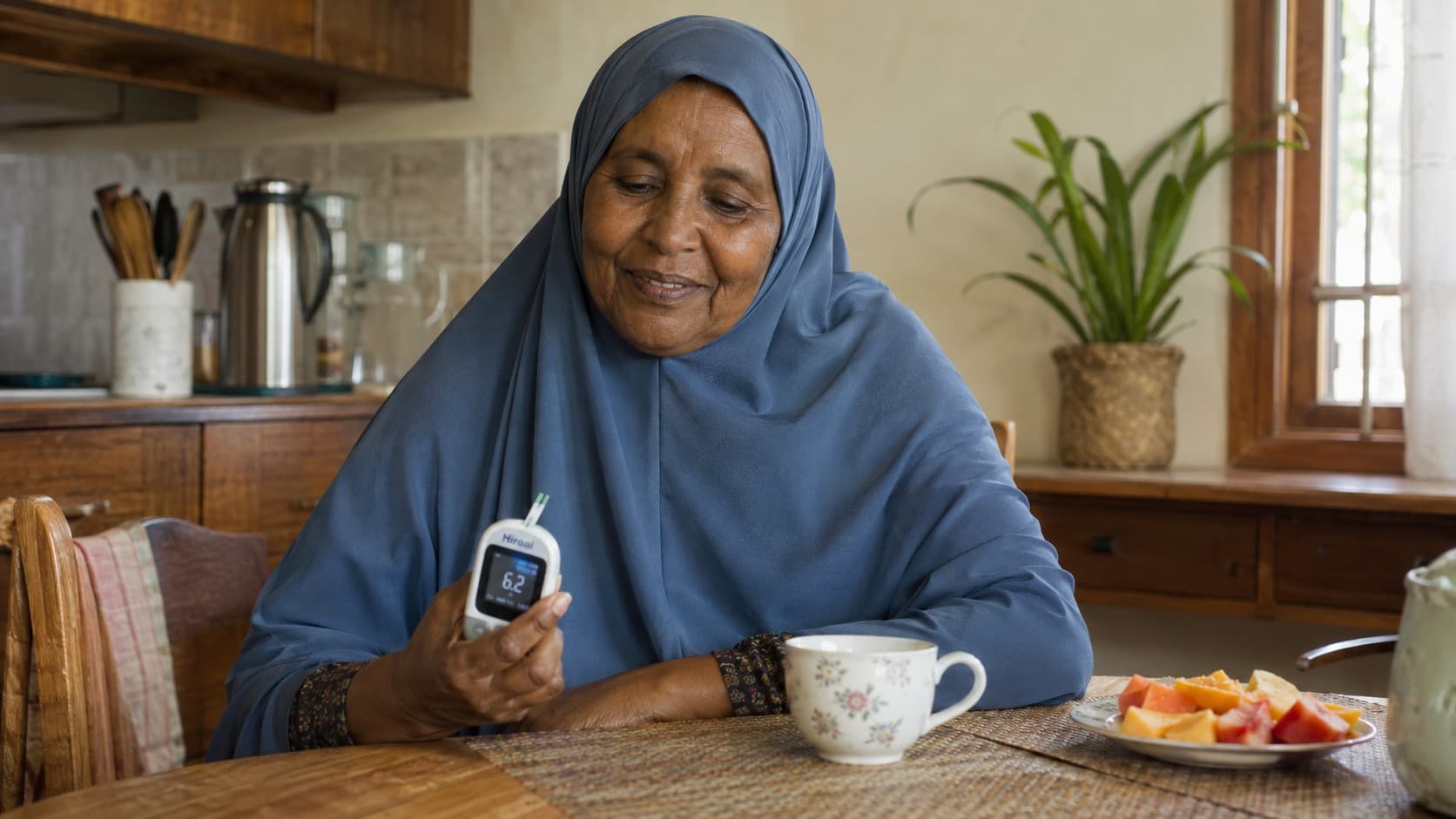 A Somali woman at her kitchen table at breakfast, checking her blood sugar with the Hiraal Lifecare meter.